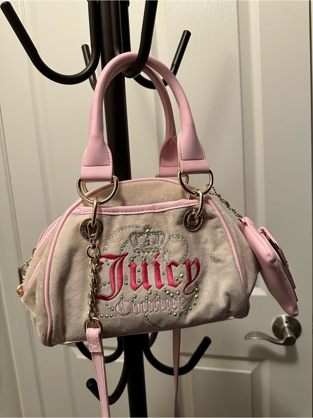 Juicy Couture Pink and Cream Embroidered Crossbody Satchel